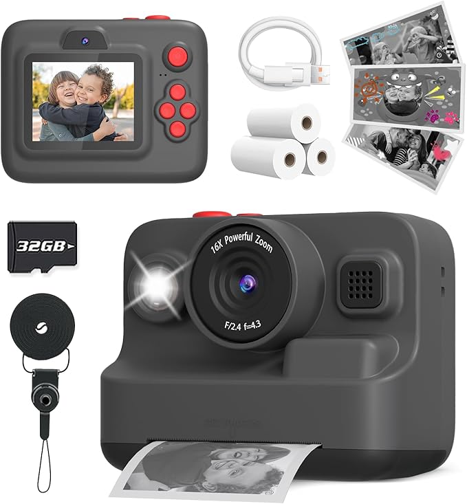 Kids Camera Instant Print, Dual-Lens Front Rear Selfie Camera for Kids, Christmas Birthday Gifts Toys for 3-12 Year Old Boys Girls, 2.4in Screen 1080P Kid Digital Cameras with 32G Card