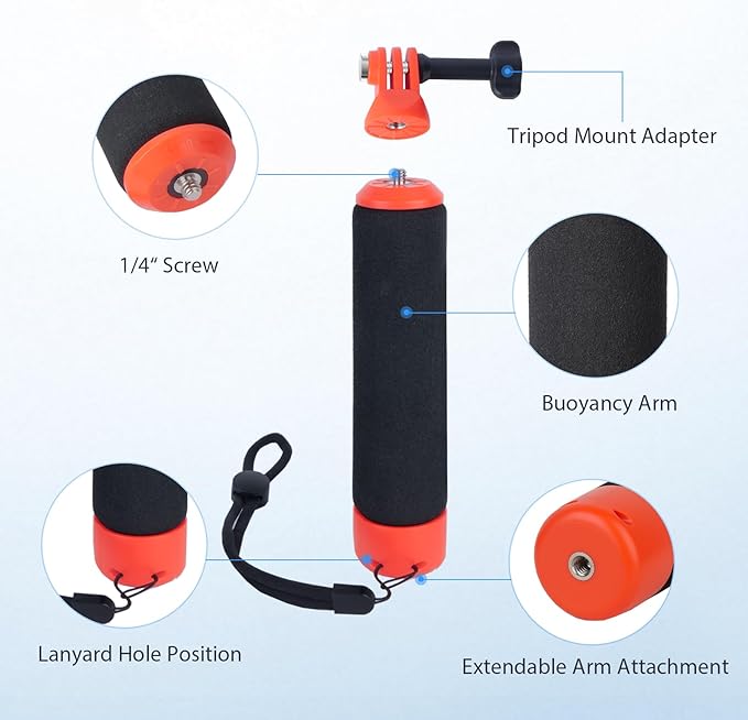 Mechrig Floating Handle Grip for GoPro Hero 12/11/10/9, Insta360 X4/X3, DJI Action 4/3 - High Buoyancy Waterproof Camera Float with Wrist Strap & Tripod Mount-933009