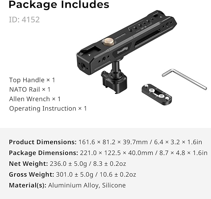 SmallRig Rotating Top Handle with NATO Clamp, Lightweight NATO Top Handle for Camera Cage, Maximum Capacity 15KG, One-Key Rotation 360°, with Cold Shoe Mount & 1/4''-20 Threaded Holes - 4152