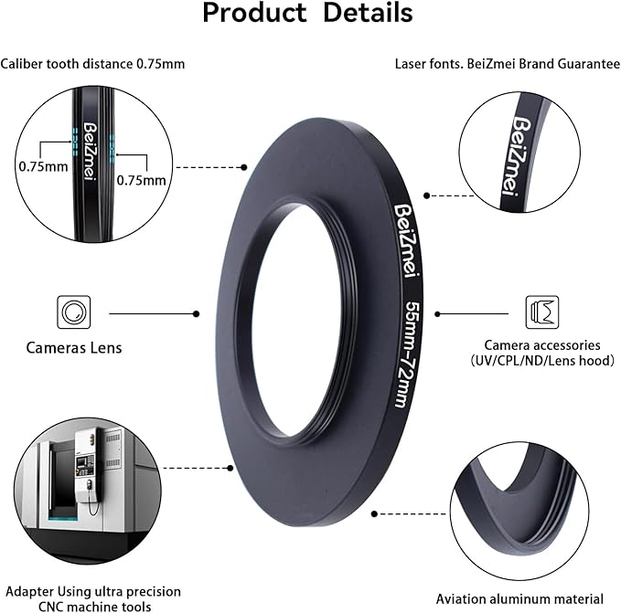 55mm to 72mm Camera Filters Ring,Filters Ring Compatiable All Brands Ø55mm Lens to Ø72mm UV ND CPL Camera Filter accessory.Made of CNC.