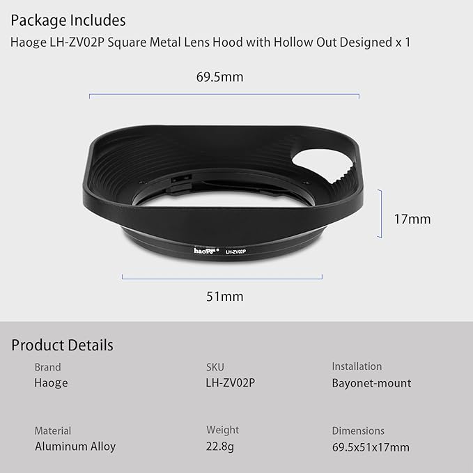 Haoge LH-ZV02P Lens Hood for Carl Zeiss Biogon T 2/35 35m m f2 ZM, C Biogon T 2.8/35 35mm f2.8 ZM, Planar T 2/50 50mm f2 ZM; Voigtlander NOKTON Classic 35mm f1.4 VM, 40mm f1.4 VM Hollow Out Designed