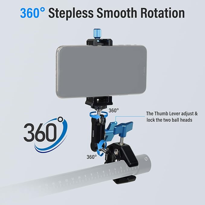 SIRUI Articulating Camera Mount Clamp with Phone Holder, Magic Arm Super Clamp with 1/4"-20 Thread and 3/8"-16 Locating Hole for ARRI, Ball Head Mount for Camera Monitor and Bicycle, MA-GK, Black