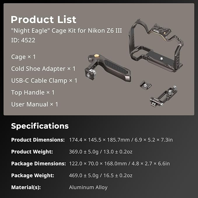 SmallRig Night Eagle Z6III Camera Cage Kit for Nikon Z6 III, Aluminum Alloy Full Cage with Top Handle, with Quick Release Plate for Arca-Swiss and Cold Shoe Mount for Microphone and Light - 4522