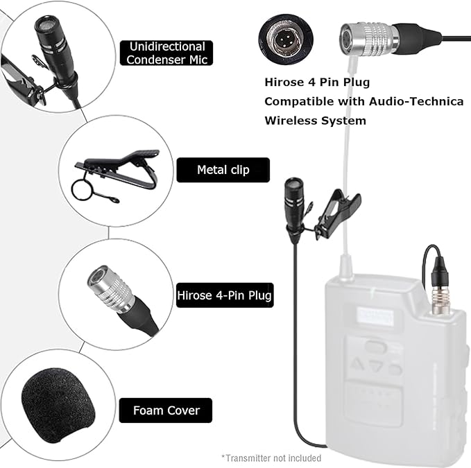 Lavalier Lapel Microphone Unidirectional Condenser Super Cardioid Mic Compatible with Audio-Technica Wireless Bodypack Transmitter System with Hirose 4 Pin Plug