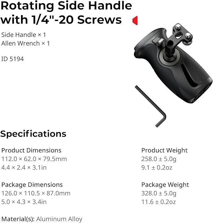 SMALLRIG Push-Button Rotating Side Handle with 1/4"-20 Screws, for Left and Right Hand, 360° Rotatable Side Handle with Anti-Slip Silicone, Max. Load 15Kg