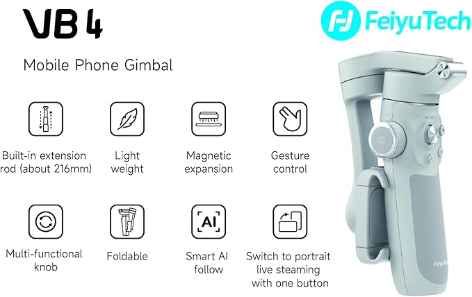 FeiyuTech VB4 Gimbal stabilizer for Smartphone, Phone Stabilizer for Video Recording, Vlogging Stabilizer for iPhone 14 13 12 11 Pro Max & Android, 216mm Extension Rod, Portable and Foldable