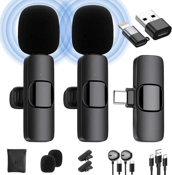 Wireless Lavalier Microphone for iPhone/Android Phone/Laptop, IUMAKEVP Plug-Play Clip on Lapel Mic with Auto Noise Reduction for Video Recording, Live Broadcast, Interview, TikTok, YouTube (2 Mics)