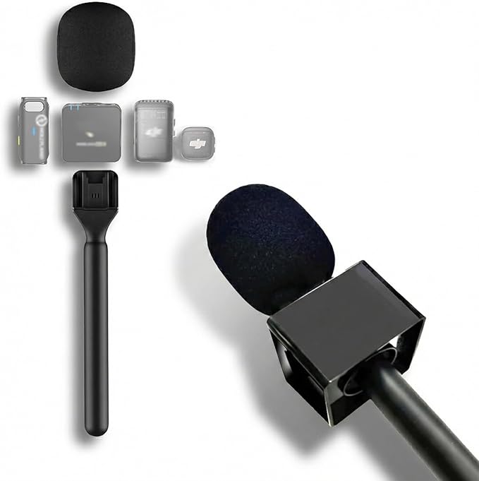Wireless Microphone Handheld Adapter with Mic Flag & Windshield - Interview Handle Stick Mount for DJI Mic 3/2/Mini/Pocket 3, Rode Wireless GO II, Hollyland Lark - Pro Lavalier Mic Stand Holder