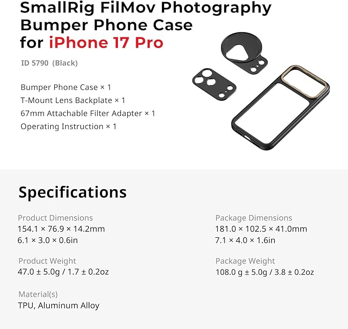 SmallRig FilMov Bumper Phone Case for iPhone 17 Pro, Hollow Back Design with Lens Backplate, 67mm Filter Adapter Compatible with Phone Gimbal Stabilizers, for DJI for Insta360, Black - 5790