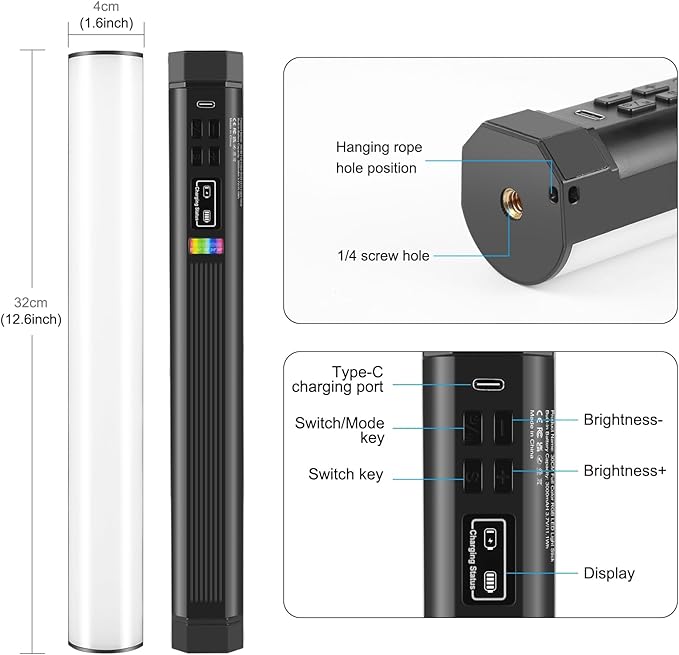 PULUZ Photography Lighting, 360° Magnetic Handheld Light Wand with 2000mAh Rechargeable Battery, 2500-9000K Dimmable Tube Light for Camera, Studio Photography, TikTok, YouTube, Vlogs (30cm/11.8 in)
