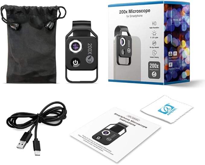 200X Phone Mini Pocket Microscope with LED Light/Universal Clip, Nano Zoom Portable Digital Microscope Camera Attachments for 99% Smartphone, Microworld for Kids Adults(Black 200X with CPL)
