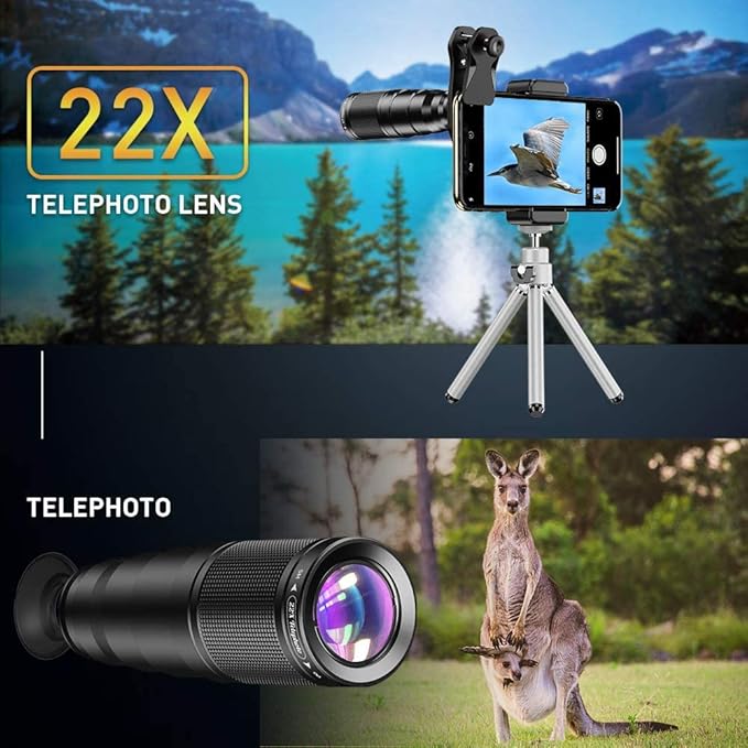 APEXEL 6 in 1 Phone Lens Kit - 22x Telephoto Lens, 205° Fisheye Lens, 120° Wide Angle Lens & 25X Macro Lens(Screwed Together), Compatible with iPhone,Samsung,Pixel