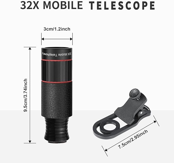 2025 Newly 32X Phone Camera Lens Telephoto Mobile Lens for iPhone and Android Zoom Cellphone Camera Lens with Phone Clip for Picture Video Taking (Black)