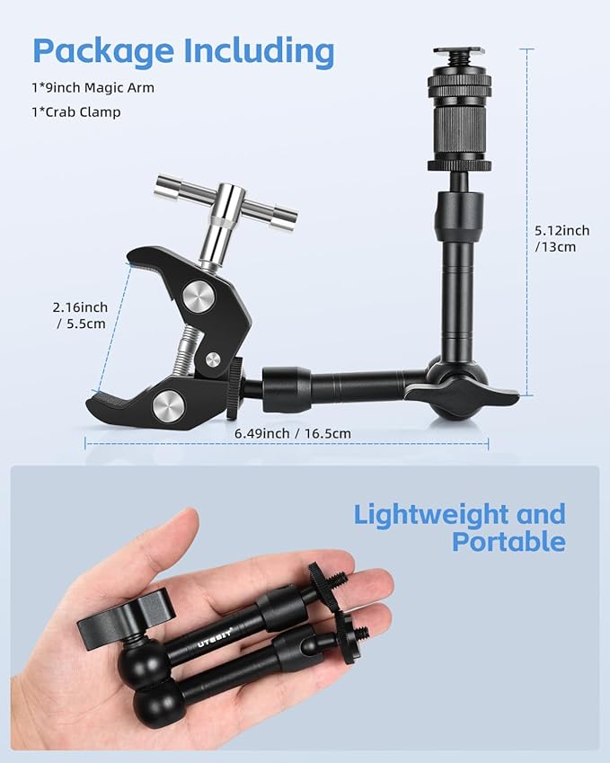 UTEBIT 9" Magic Arm Clamp Mount Kit, 360° Ball Heads with ARRI 1/4" & 3/8" Thread Screw, Camera Mount Adjustable Friction Arm w Super Clamp for DSLRs, Camera Cage, Monitor, LED Light, Action Camera