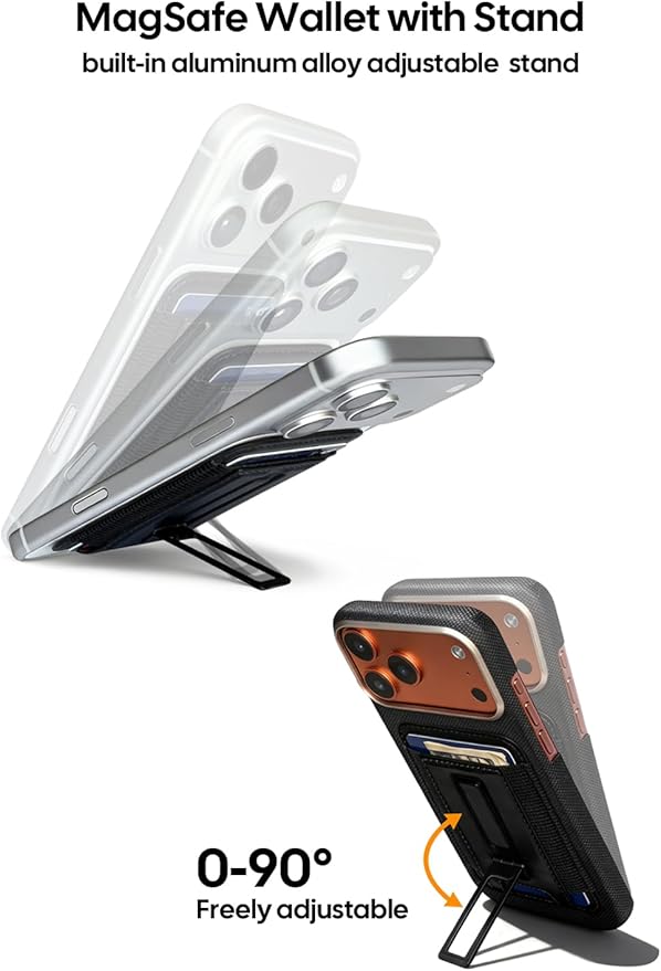 For Magsafe wallet, with aluminum alloy lightweight adjustable stand, holds 7 cards, leather material, elastic storage, 0.2 inch ultra-thin design, RFID, for iphone12-17 series, black (HYS001)