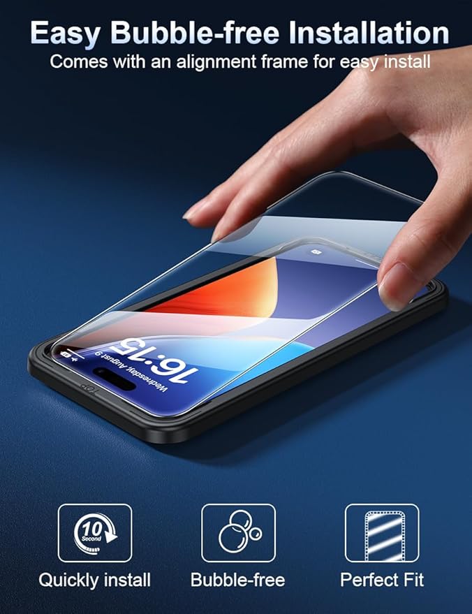 ruwa Screen Protector for iPhone 15 Pro[3-Pack] [6.1 Inch] HD Clear Tempered Glass Film with Easy Installation Frame, Case Friendly