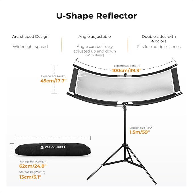 K&F CONCEPT U-Shape Reflector Curved Reflector 100x45cm with 4-in-1 Reflective Fabric, Black/Gold/White/Silver, with 1.5m Stand, with Storage Bag, for Photography Studios