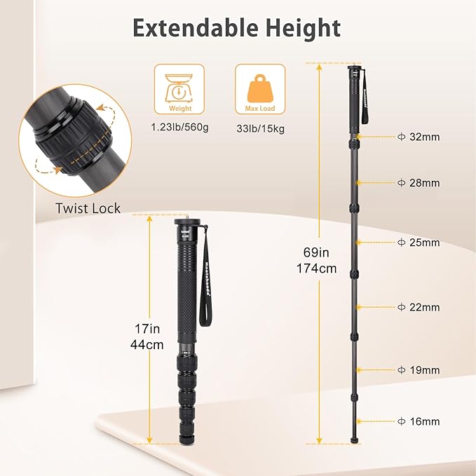 Koolehaoda 69-Inch Carbon Fiber Monopod for DSLR Cameras - 32mm Tube Unipod Stick, Lightweight Portable Travel, 33Lbs Payload Capacity