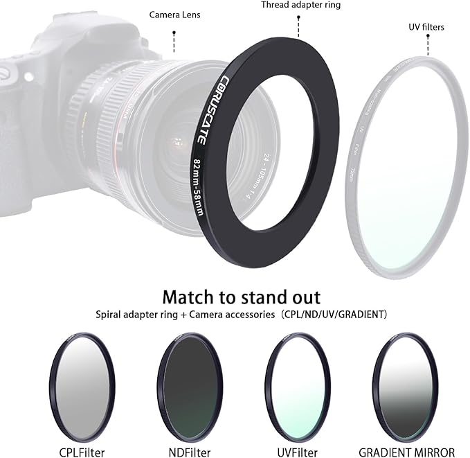 82mm to 58mm Camera Filter Adapter Ring,82mm-58mm Lens Adapter Metal Filter Rings Compatible All 82mm Size Lens and 58mm Thread Size Camera Accessory+1pcs Lens Cleaning Cloth.