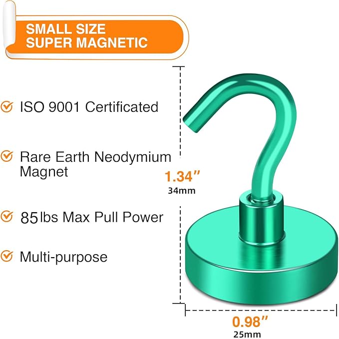 MIKEDE Magnetic Hooks Heavy Duty, 85LB Strong Magnet with Hook for Fridge, Super Neodymium Extra Strength Industrial Hooks for Hanging, Magnetic Hanger for Toolbox, Cruise, Grill(Green,4 Pack)