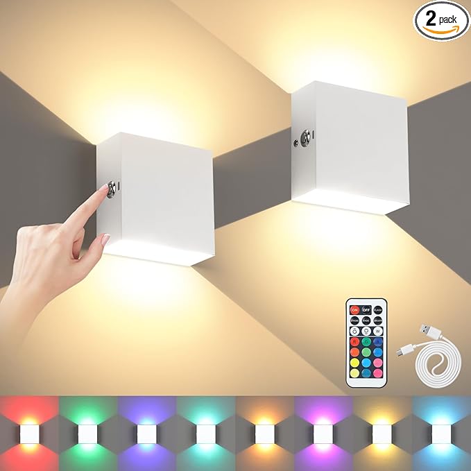 Lightess Rechargeable Wall Sconces with Remote Control Set of 2, Battery Wall Lights Colored, Dimmable LED Wall Lamp for Bedroom Living Room