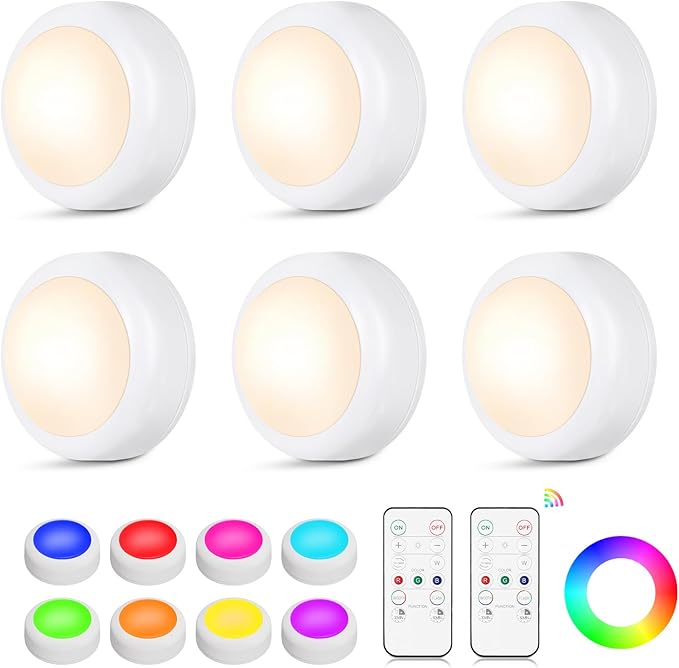 LED Puck Lights with Remote Control, 16 Color Changing Under Cabinet Lighting with Dimmer & Timer, AAA Battery Operated,Under for Closet Bedroom Kitchen, Stair (6 Pack White)