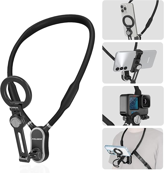 Magnetic Neck Phone Holder, 4 in 1 Neck Mount for Phones Action Camera Gopro, Hand Free Cell Phone Neck Holder for Recording POV/Vlog Video Selfie, Neck Tripod for iPhone, GoPro, Android Phones Black
