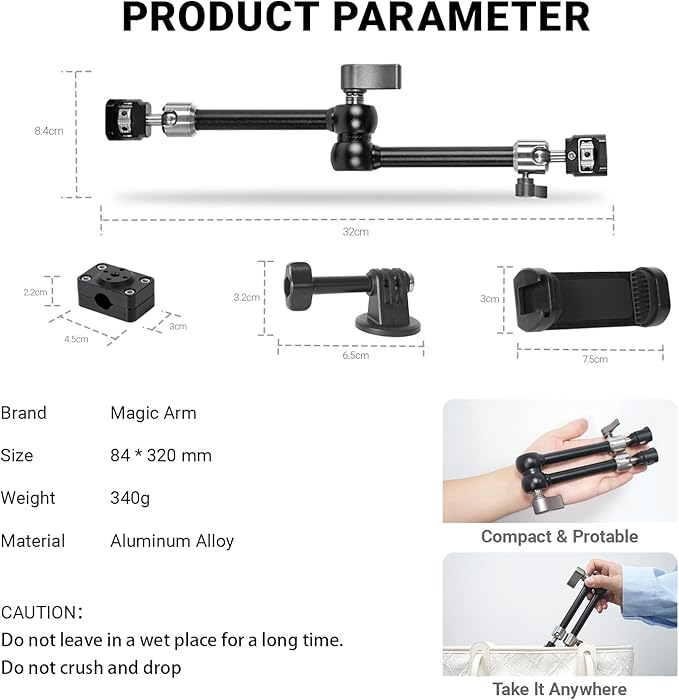 Heavy-Duty Articulating Magic Arm Mount with Super Clamp, 360° Dual Ball Head & 1/4" ARRI Locating Pin&Holes, Camera Monitor Mount for Action Camera Video LED Light (11" Magic Arm w/Headrest)