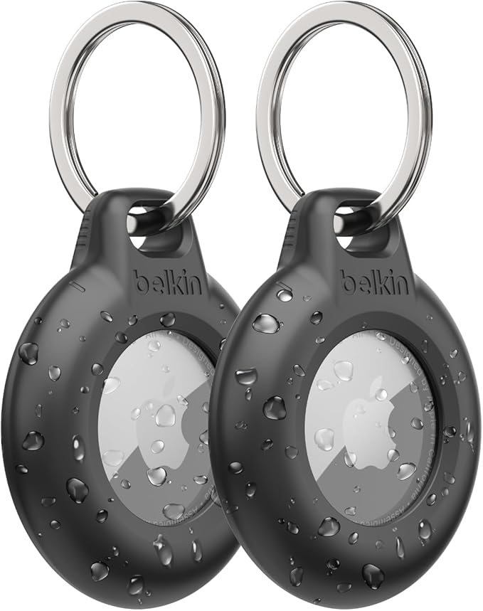 Belkin Waterproof Apple AirTag Secure Holder with Key Ring - Durable Scratch-Resistant AirTag Case, Protective Keychain Accessory for Keys, Pets, Luggage, Backpacks, and More - Black (2-Pack)