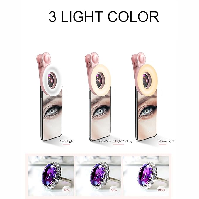 Mobile Phone Macro Photography Lens 3 Color Lights Portable Clip On Macro Lens, for Detail Photography, Rechargeable for Eyelashes Eyebrows Nail Art