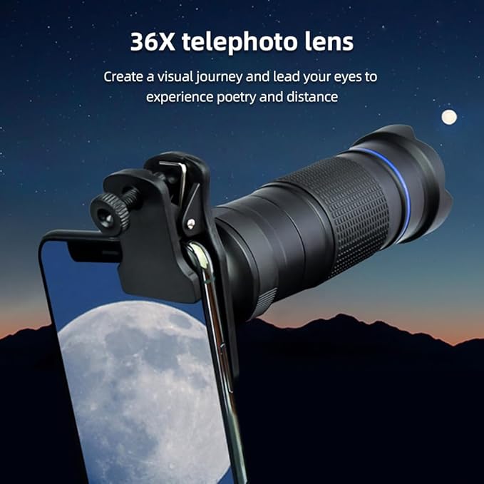 Andoer 36X Telephoto Lens Kit with Mini Tripod, Phone Clip, Holder, Lens Bag, Cleaning Cloth for Hiking, Camping, Wildlife Observation, Moon, Sports, Game, Concert Watching, Gold