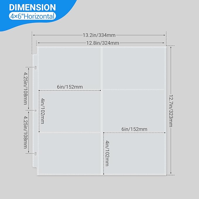 Zofly 20 Pack 4x6" Photo Album Refill Pages, 12x12, 240 Pockets, Double-Sided, Clear, Water/Dust Proof, 3 Ring Binder Compatible