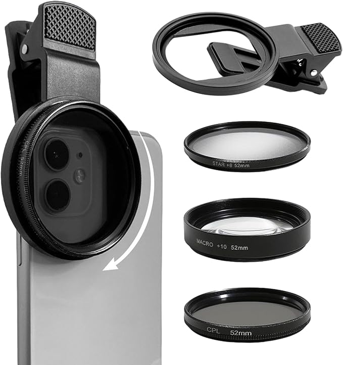 EMVANV 52mm 3 in 1 Phone Lens Filter Kit, CPL + Macro + Star Lenses, Universal Clip-on Cellphone Lens, Black, Optical Glass