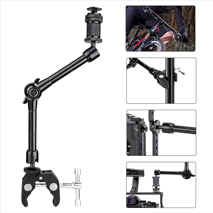 FOMITO 11" Articulating Magic Arm with Super Clamp, Heavy Duty Camera Mount for DSLR Rig, LED Video Lights, LCD Monitors, 1/4"-3/8" Thread, Max Load 4.4lbs