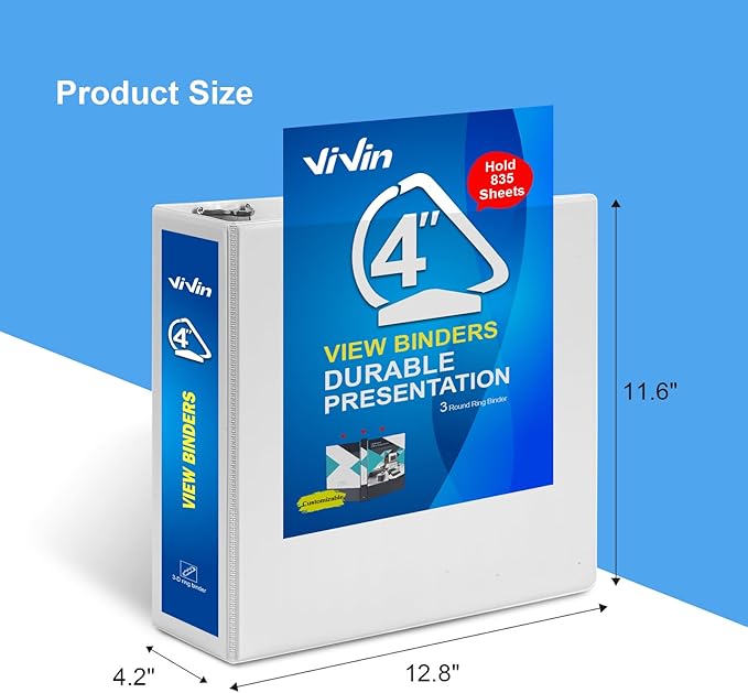 ViVin Durable 4 inch D Ring View Binder, Large 4" Slant-D Ring with 835-Sheet Capacity, Fit 8.5" x 11" Paper, 2 Pack(White)