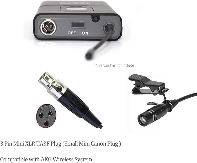 Lavalier Microphone Lapel Microphone Compatible with AKG Samson Wireless Transmitter - Unidirectional Condenser Mic - Mini XLR TA3F Plug