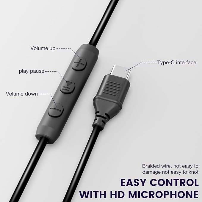 INFURTURE USB C Headphones with Mic,Volume Control,Tangle-Free Plaiting Line,Type C Headphones Wired,Lightweight Foldable for iPhone 17/15/16 Headphone Series/Tablet/School/Travel/Sports/Audiobooks