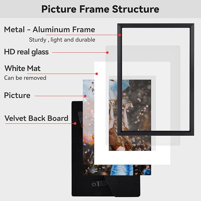 6x8 Picture Frame, Black Aluminum Metal Photo Frames with HD Glass, Fits 5x7 with Mat or 6 x 8 without Mat, Display for Wall and Table