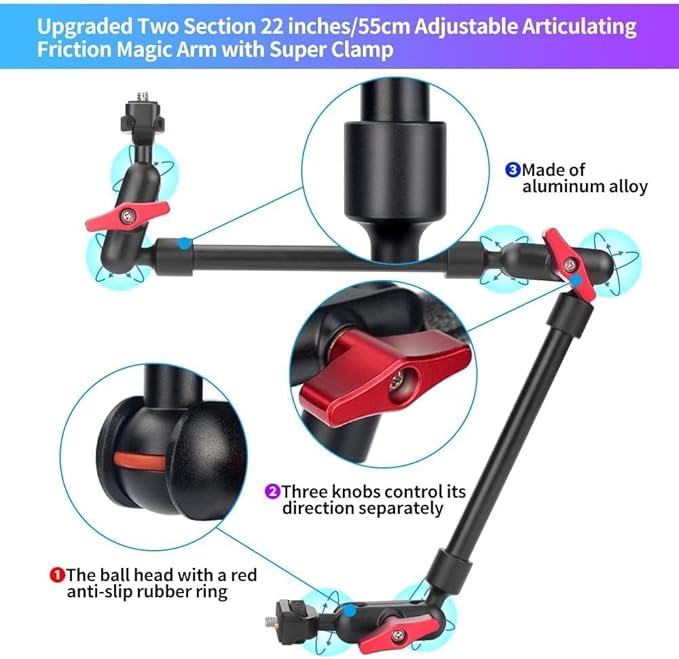 22" Magic Arm Camera Mount, Articulating Arm Tripod Clamp w Thread Adapter, Friction Camera Boom Arm, Overhead Desk Mount Clamp Stand for Phone, Webcam, Mic, Video Rig, Tripod Light