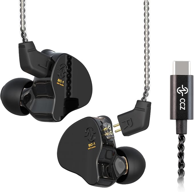 CCZ Melody USB C Headphones Wired Type-C in Ear Monitor, Professional USB C Wired Earbuds Gaming Earphones with 1BA 1DD Patent Ear fins Ear tips for Singers Musicians (Dark Black, USBC-Without Mic)