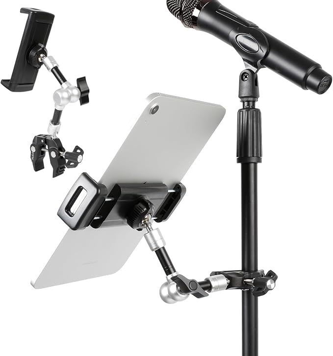 Tablet Holder for Microphone Stand, Aluminum Mic Music Stand Mount for iPad and iPhone, Adjustable Tablet Holder with Super Handle Clamp Compatible with 4.7 to 13 inch Tablets & Phones