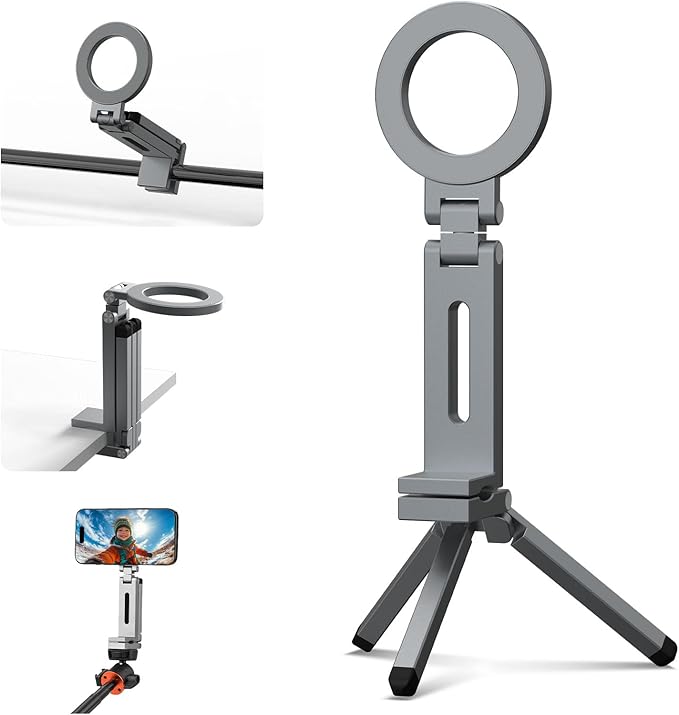 Magnetic Tripod for iPhone, Airplane Phone Holder for MagSafe Selfie Stick Adapter Travel Foldable Clip Clamp Plane Desktop Stand for iPhone 17 16 15 14 13 12 Pro Max Mini Accessories