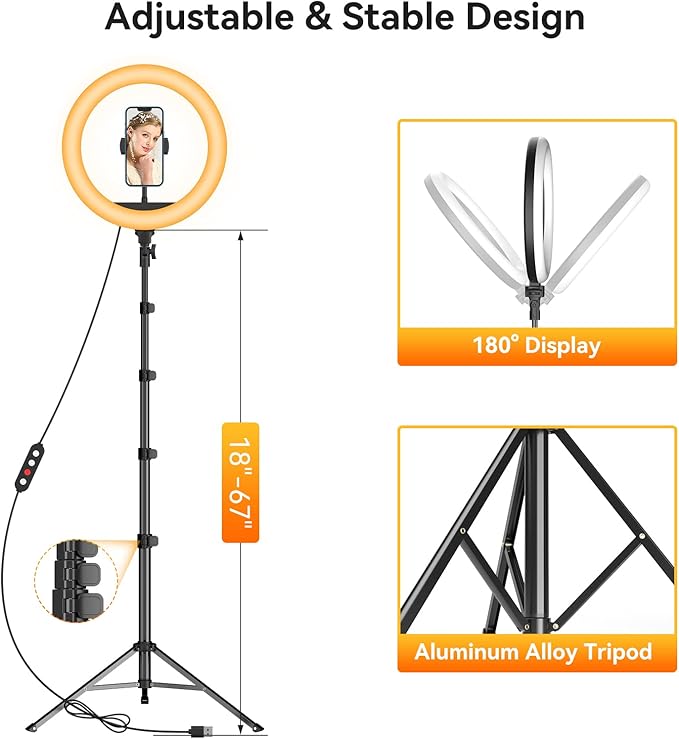 TODI 12" Ring Light with 63" extendable Tripod Stand, Selfie RingLight with Phone Holder and Selfie Remote, 2-in-1 Dimmable LED Ring Light for Makeup, Live Stream, Photography