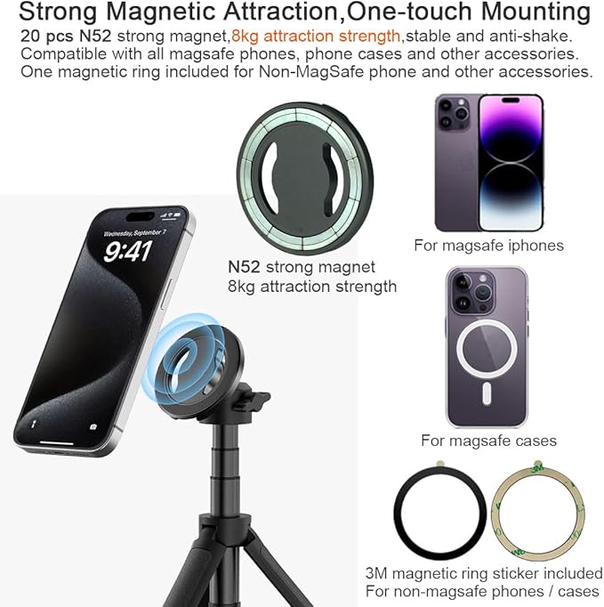 Magnetic Phone Tripod Mount Adapter with 1/4" Screw Holes and Cold Shoe Compatible with Magsafe iPhone 16/15/14/13/12 Pro Max for Magsafe Case/Cover, Tripod, Selfie Stick, Ballheads