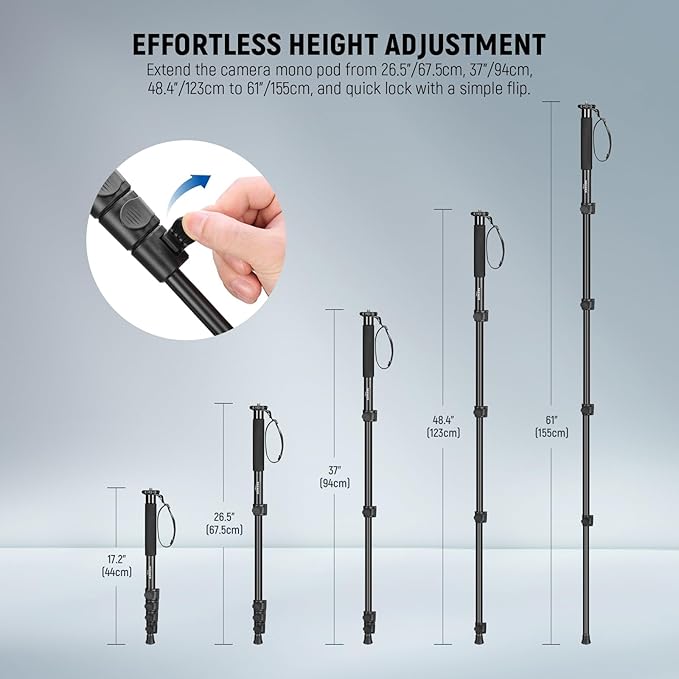 NEEWER 61"/155cm Camera Monopod Stand, Aluminum Alloy Portable Travel Video Monopod Pole with 1/4" 3/8" Screw Adapter for DSLRs Camcorder, Professional Photography Accessories, Max Load 17.6lb, TP41