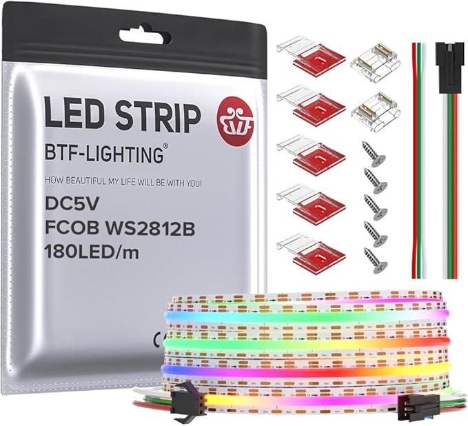 BTF-LIGHTING FCOB COB WS2811(WS2812B) IC RGB 180LED/m 540IC LED Strip DC5V 9.8FT Individual Addressable Flexible High Density Uniform Light Dream Chasing Color 10mm Width(NO Adapter or Controller)