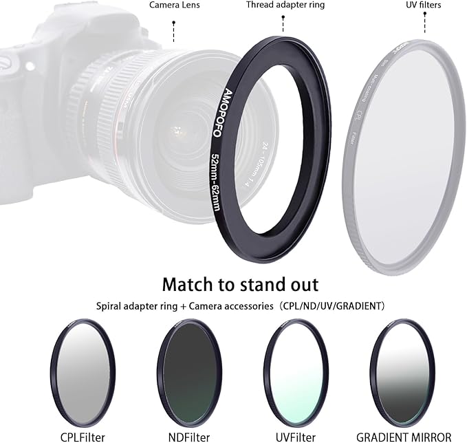 52mm to 62mm Step-Up Ring Filter adapter/52mm to 62mm Camera Filter Ring for 62mm UV,ND,CPL,Metal Step Up Ring