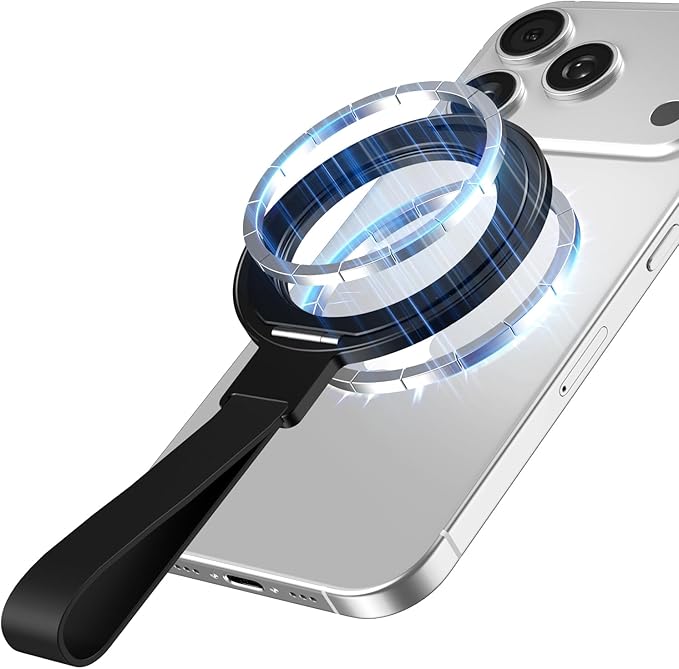 360 Rotation Adjustable Kickstand with Silicone Strap,Dual-Side Magnetic Ring Holder,for MagSafe Magnet, for iPhone 17/16/15/14/13/12 Air/Pro/Pro Max, Pixel 10,Galaxy S25 S24 (H-02 Black)