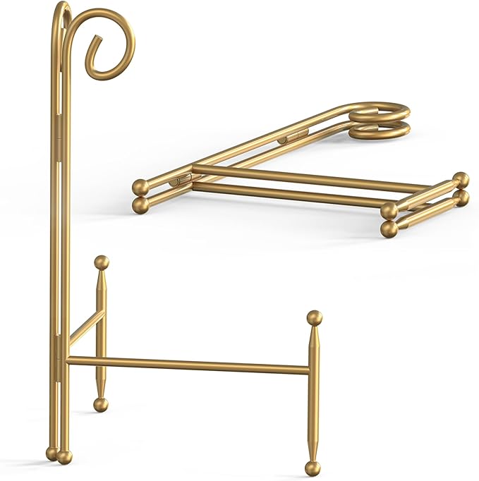HEMYLU Display Stand for Plate, Foldable Metal Plate Stand for Table, Decorative Easel Holder for Picture Frames, Photos, Wedding Cards, Sign Posters, Cavas, 6-inch Gold 2-Pack
