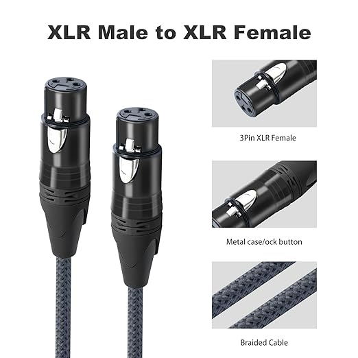 6Feet 3Pin Female to Female Balance Audio Cable,3-Pin Mic Patch Cables,XLR Female to Female DMX Cable Patch Cords for Audio and Sound Equipments-2Pack